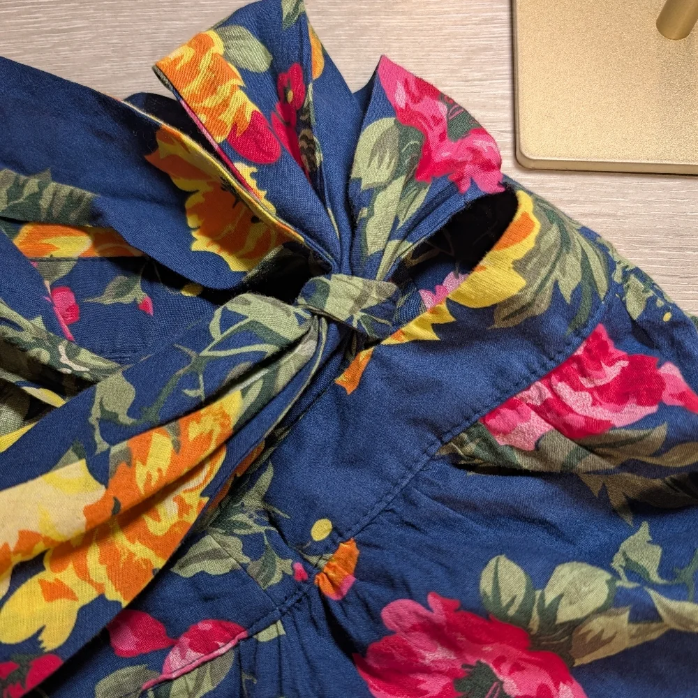 Navy Colorful Floral Cotton Boat Neck Puff Sleeve Relaxed Blouse M Resortwear - Picture 8 of 11